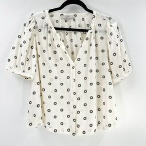 LOFT Petites White Black Eyelet Dot Short Sleeve V Neck Blouse Top MP